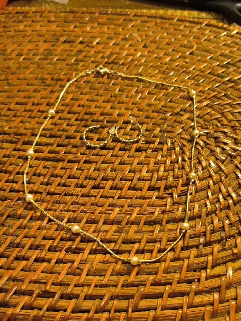 Gold-Tone Pearl Station Necklace with Matching Hoop Earrings